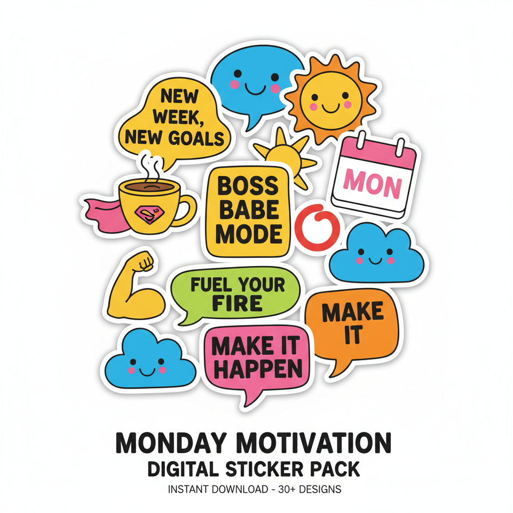 Colorful Monday motivation digital sticker pack mockup
