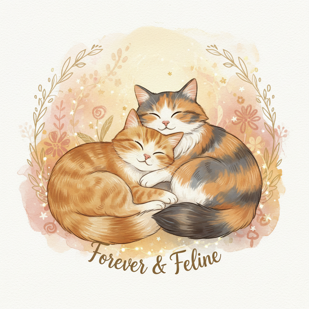 Two cute cats snuggling together digital art print