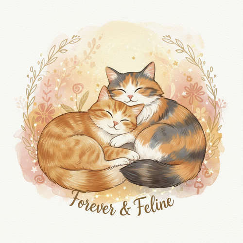 Two cute cats snuggling together digital art print