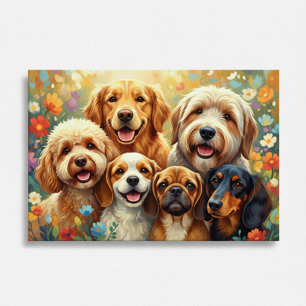 Adorable group of dogs digital art print featuring multiple breeds