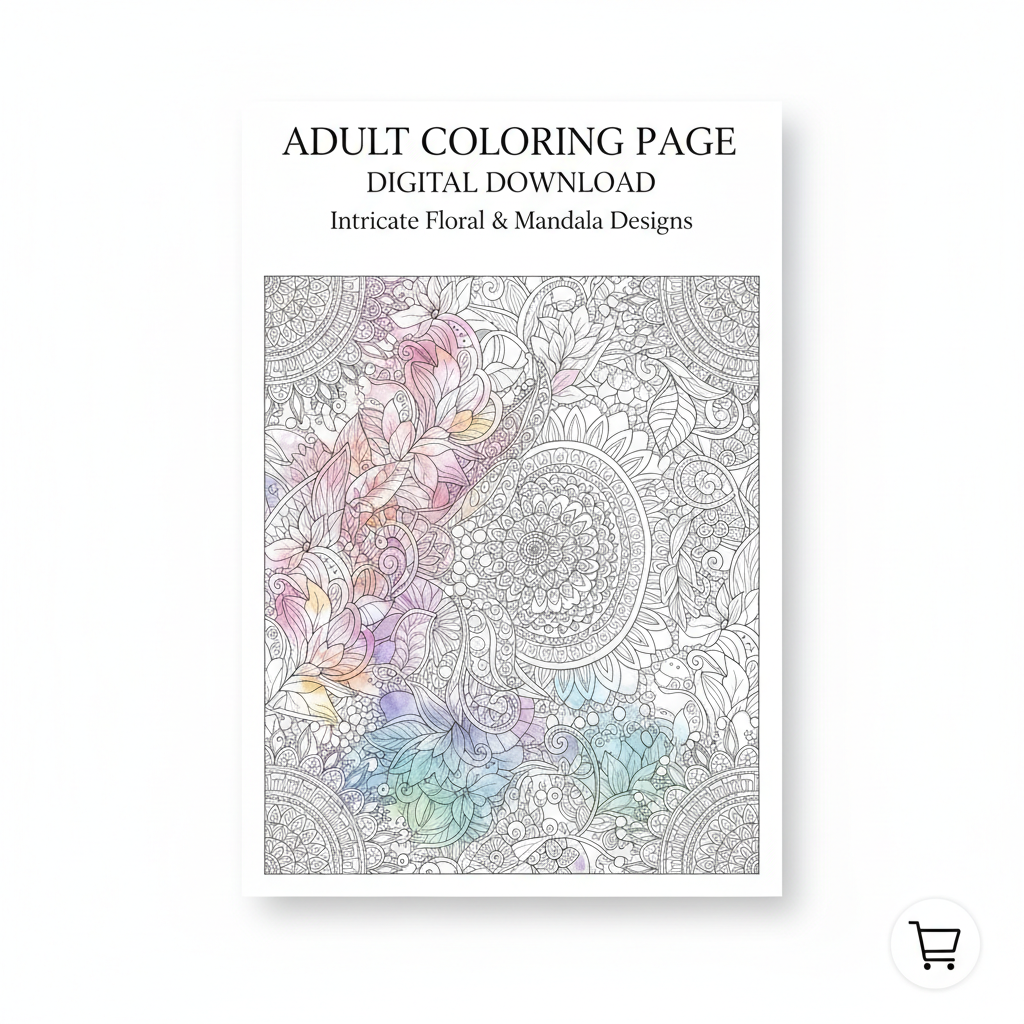 Intricate floral and mandala adult coloring pages digital download mockup