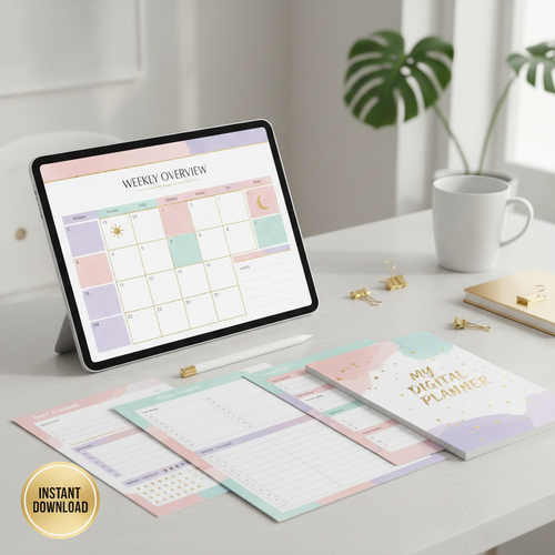 Beautiful digital weekly and daily planner mockup with pastel tones and gold accents