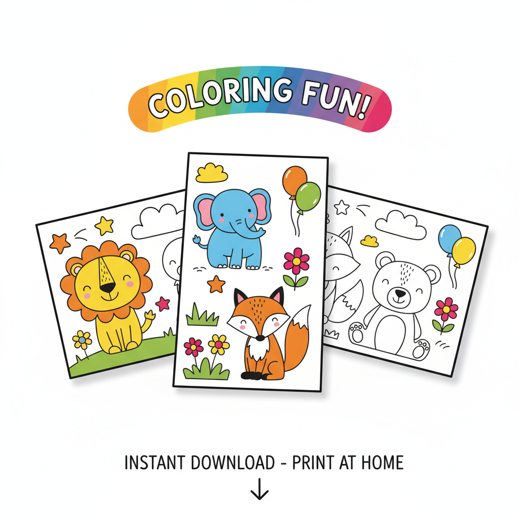 Fun kids coloring pages with cute animal illustrations digital download mockup